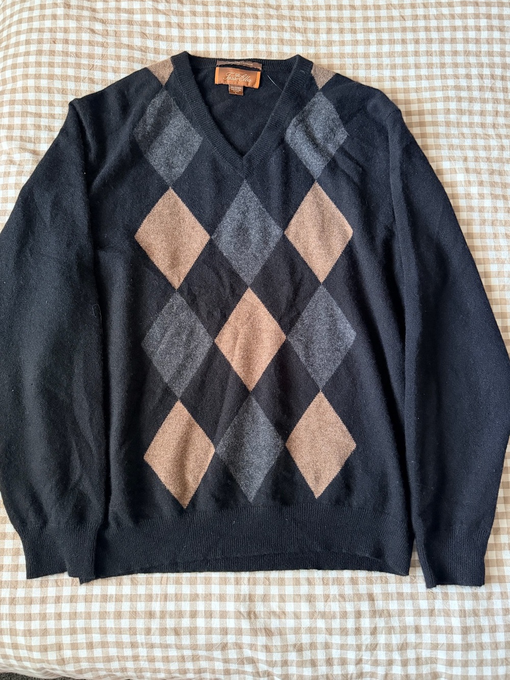 Tasso Elba Black V-Neck Argyle 100% Cashmere Grandpa Sweater